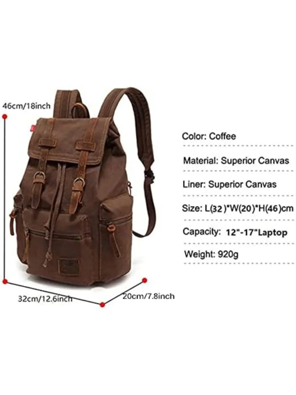 Vintage Canvas Backpack with Leather Trim, Padded Laptop Sleeve, Casual Daypack